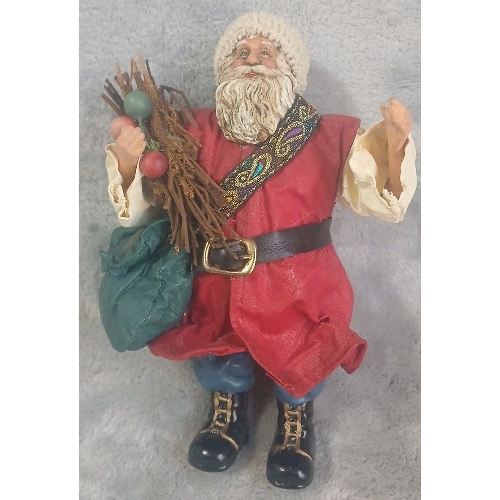 Paper Mache Fabric Santa Red White Jacket Hat Green Sack Christmas‎ 7" READ